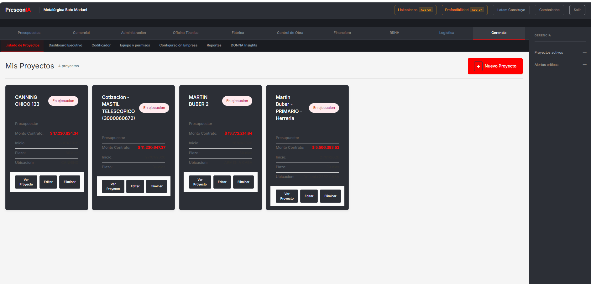 Dashboard de Gerencia de PresconIA — listado de proyectos en curso con montos, estados y acciones