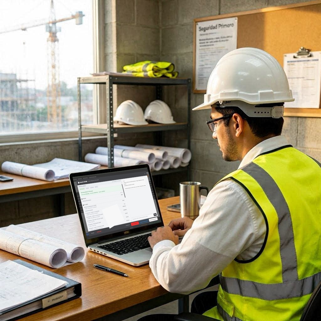 Profesional revisando el dashboard de gerencia de PresconIA en laptop — proyectos y desviaciones a la vista