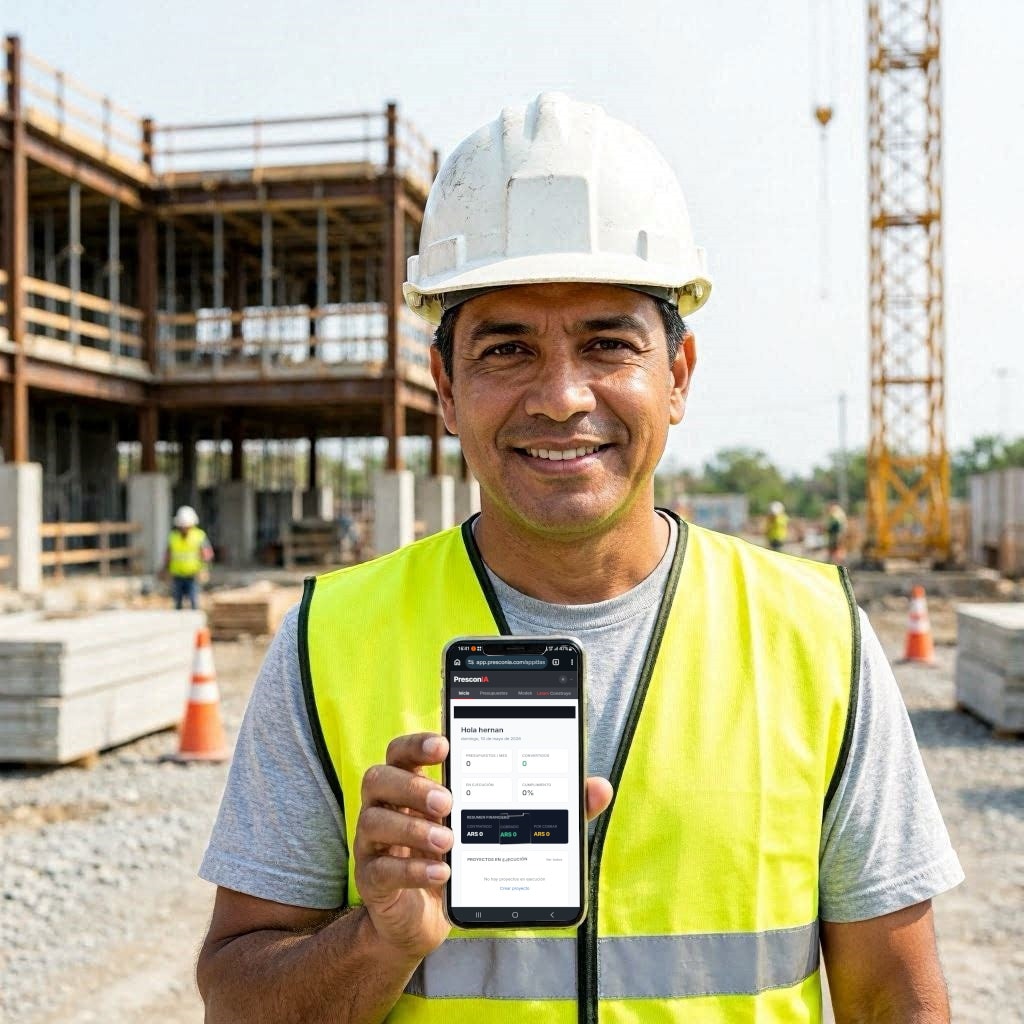 Capataz en obra mostrando PresconIA en su celular — la plataforma siempre disponible en sitio