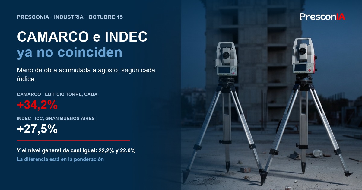 Mano de obra acumulada a agosto de 2026: 34,2% según CAMARCO y 27,5% según el INDEC