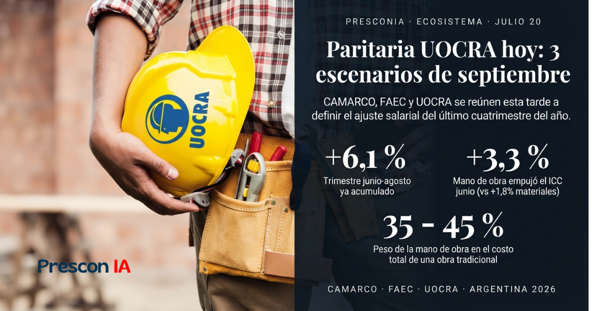 Trabajadores de la construcción en obra en Argentina — paritaria UOCRA julio 2026