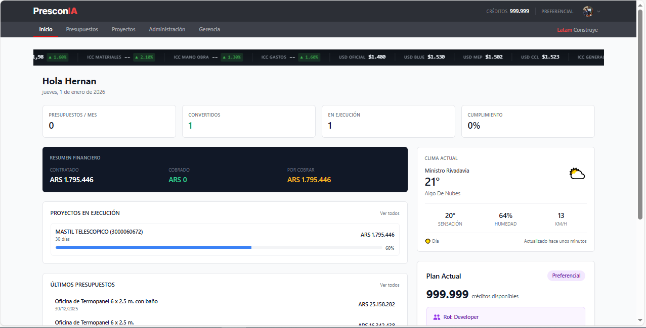 PresconIA Dashboard - Software de presupuestos de construccion con IA
